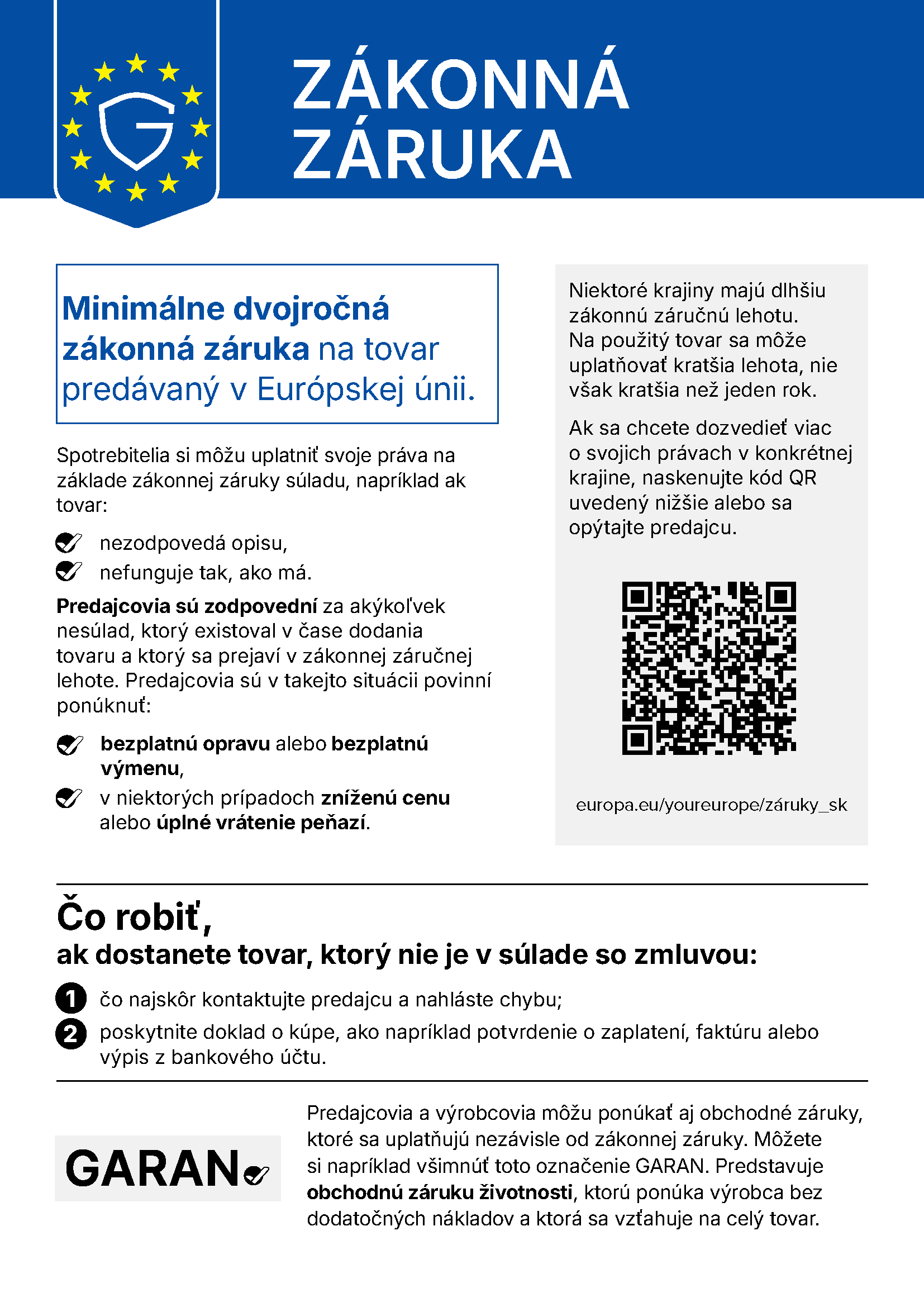 Zákonná záruka – oznámenie o minimálne dvojročnej zákonnej záruke na tovar predávaný v Európskej únii. Textová verzia je uvedená nižšie.
